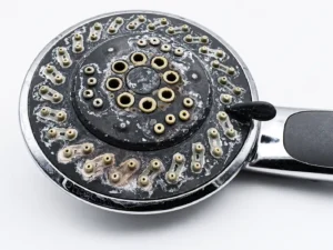 Close-up of a circular metal appliance lid with many beige nozzle-like fittings around the edge and a black center, covered in white residue.