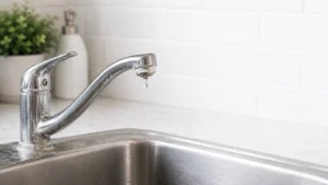 Chrome kitchen faucet with a drip hanging from the spout over a stainless sink.