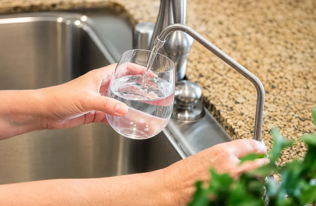 Person rinsing a stemless wine glass under a running kitchen faucet over a granite countertop.