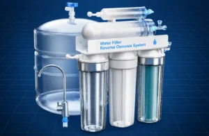 Water filter reverse osmosis system with multiple cylindrical filter housings against a blue grid background