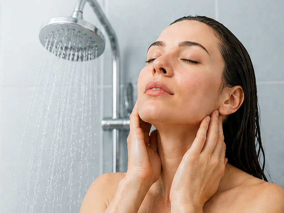 Woman standing under a rainfall showerhead with eyes closed, washing her face and neck.