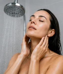 Woman standing under a rainfall showerhead with eyes closed, enjoying a refreshing shower as water streams over her face and shoulders.