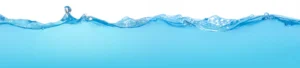 Close-up of a bright turquoise blue water surface with a gentle wave crest against a white background at the top.
