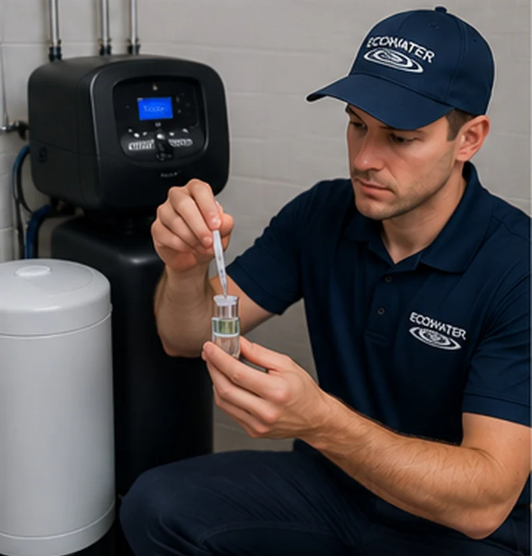 Technician in ECOWATER uniform testing a home water filtration system, using a dropper on a sample vial.
