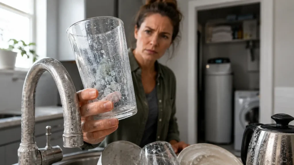 Woman washing dishes at a kitchen sink, holding a glass with soapy residue up to the camera.